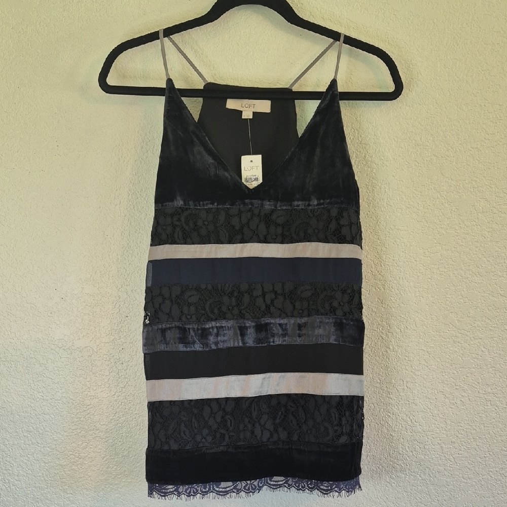 LOFT Blue Black Silver Striped & Floral Camisole Sz Small Soft Velvet & Fringe